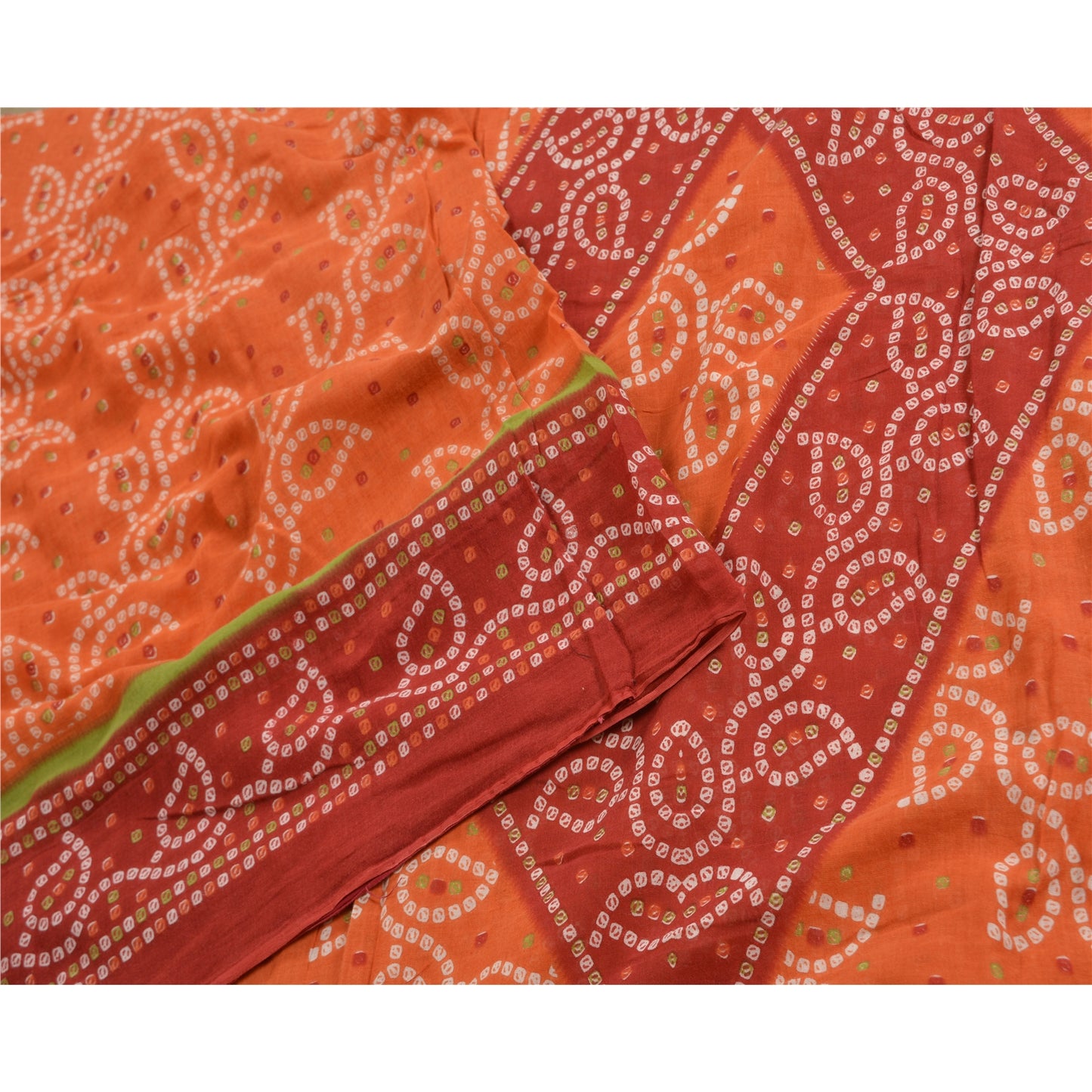 Sanskriti Vintage Sarees Orange/Red Bandhani Print Pure Cotton Sari Craft Sustainable Fabric