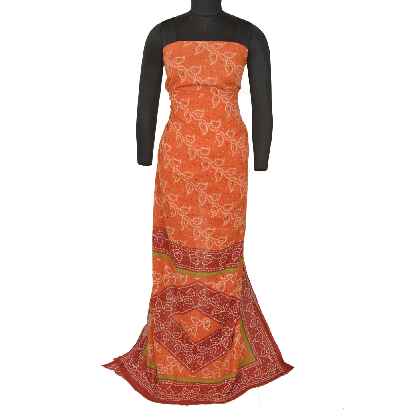 Sanskriti Vintage Sarees Orange/Red Bandhani Print Pure Cotton Sari Craft Sustainable Fabric