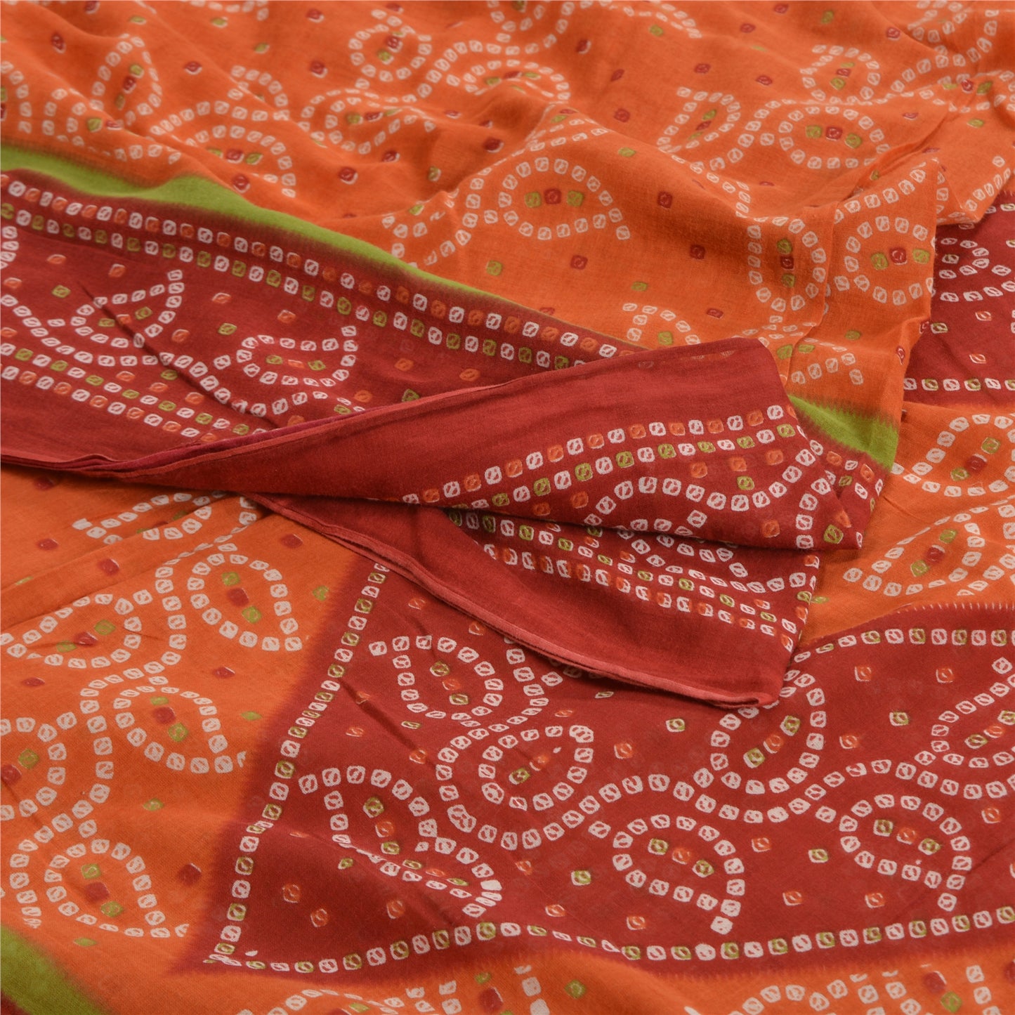 Sanskriti Vintage Sarees Orange/Red Bandhani Print Pure Cotton Sari Craft Sustainable Fabric