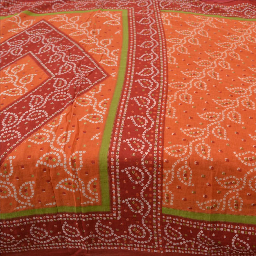 Sanskriti Vintage Sarees Orange/Red Bandhani Print Pure Cotton Sari Craft Fabric