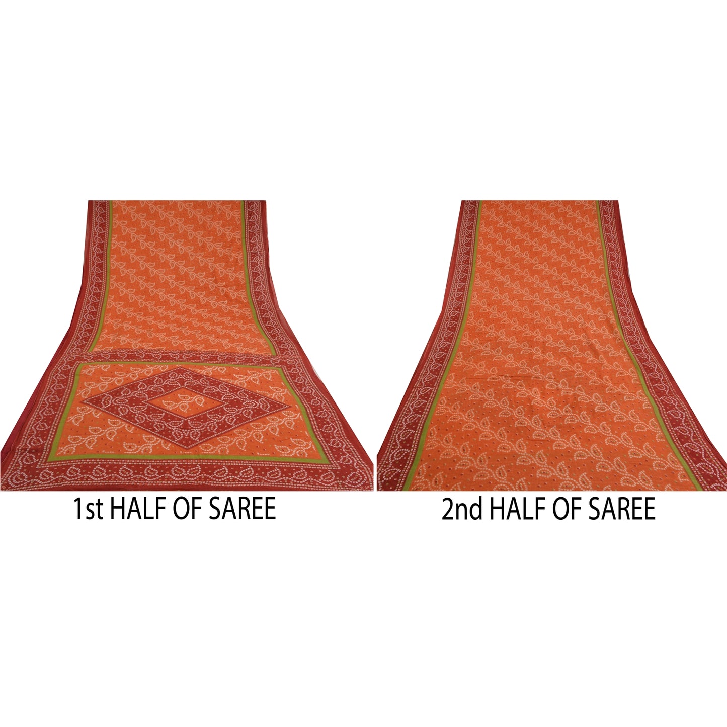 Sanskriti Vintage Sarees Orange/Red Bandhani Print Pure Cotton Sari Craft Sustainable Fabric