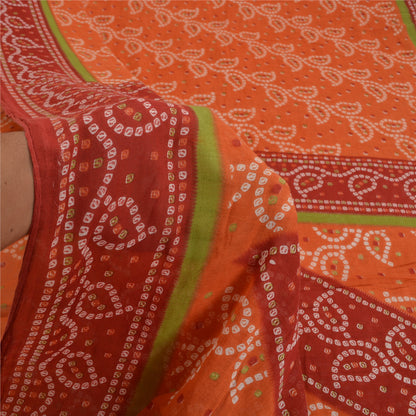 Sanskriti Vintage Sarees Orange/Red Bandhani Print Pure Cotton Sari Craft Sustainable Fabric