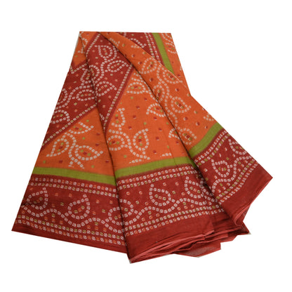 Sanskriti Vintage Sarees Orange/Red Bandhani Print Pure Cotton Sari Craft Sustainable Fabric