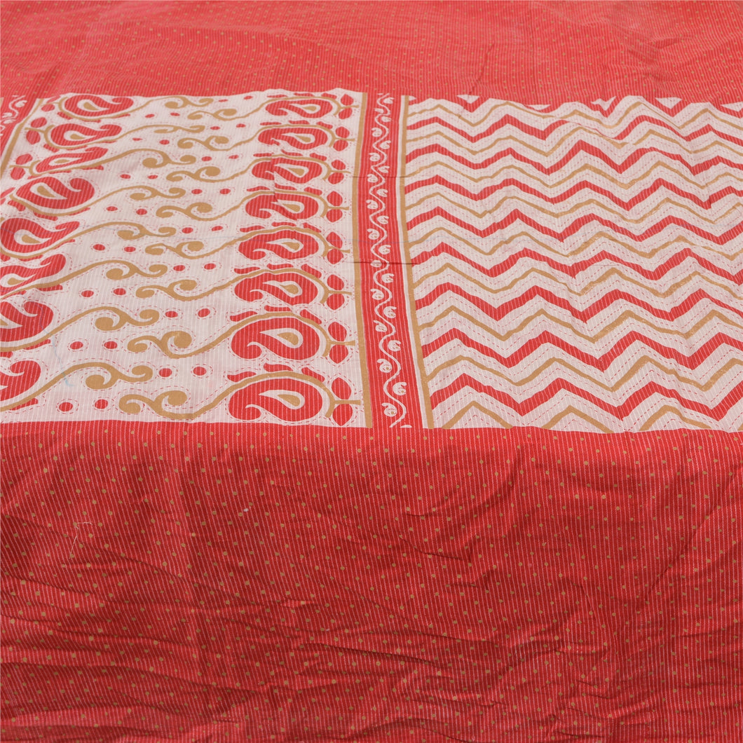 Sanskriti Vintage Sarees Red/Ivory Paisley Printed Pure Cotton Sari Craft Fabric