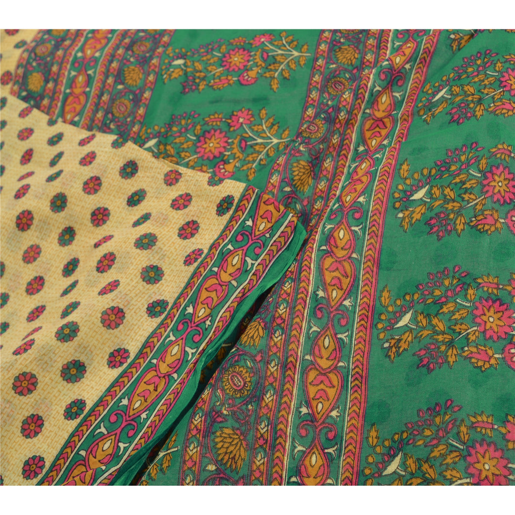 Sanskriti Vintage Sarees Indian Beige 100% Pure Cotton Printed Sari Craft Fabric