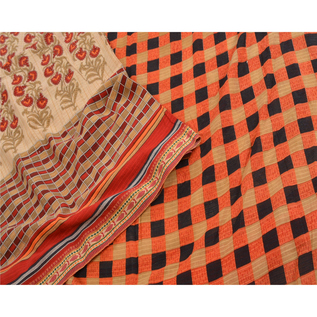 Sanskriti Vintage Sarees Cream/Red Pure Cotton Printed Sari Floral Craft Fabric