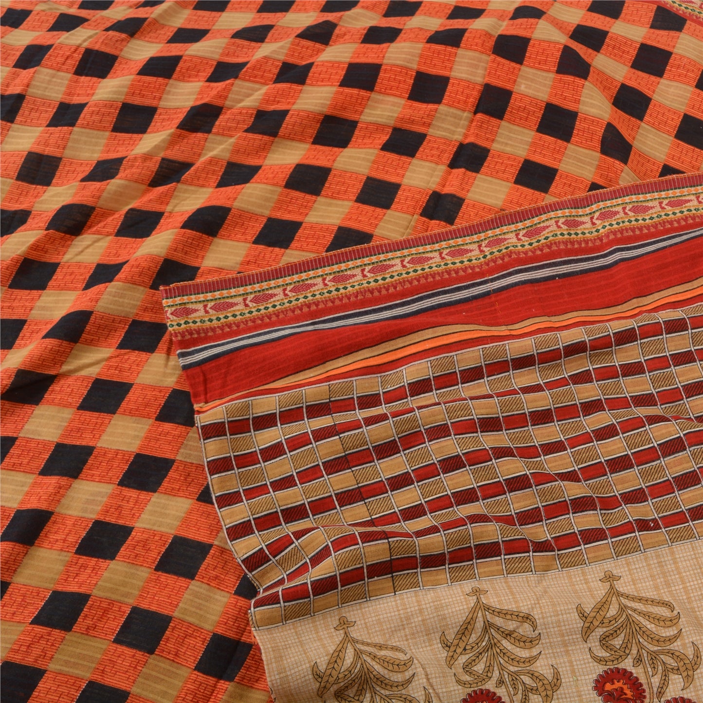 Sanskriti Vintage Sarees Cream/Red Pure Cotton Printed Sari Floral Craft Sustainable Fabric