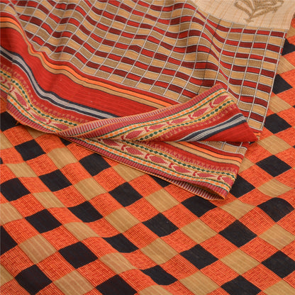 Sanskriti Vintage Sarees Cream/Red Pure Cotton Printed Sari Floral Craft Sustainable Fabric