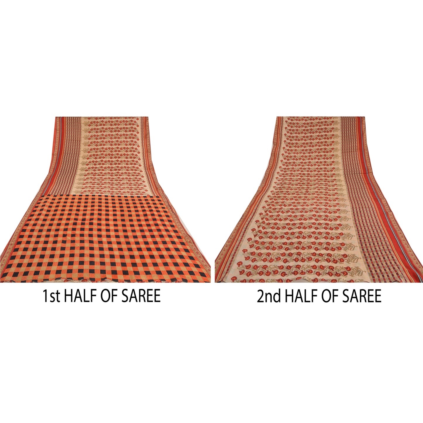 Sanskriti Vintage Sarees Cream/Red Pure Cotton Printed Sari Floral Craft Sustainable Fabric