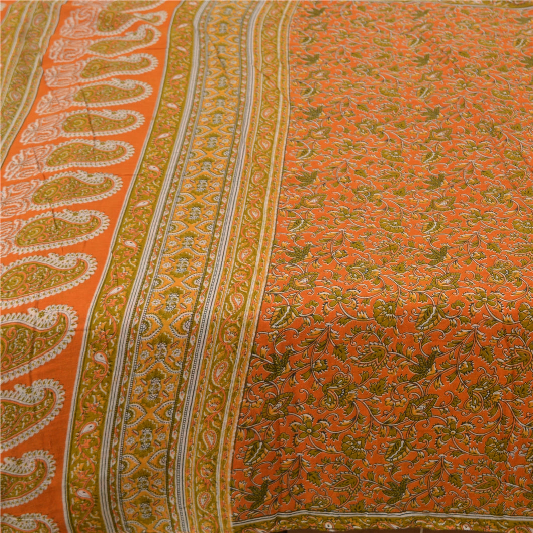 Sanskriti Vintage Sarees Orange/Green Kalamkari Pure Cotton Sari Craft Fabric