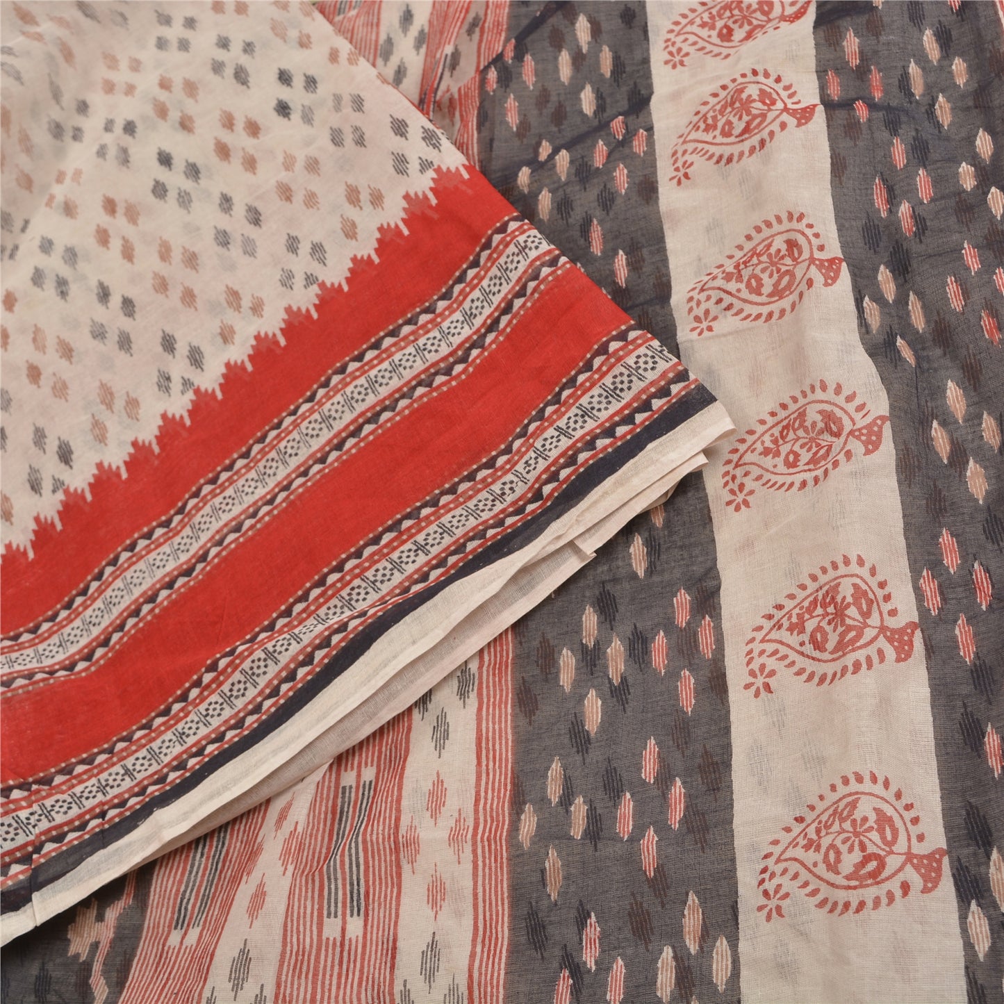 Sanskriti Vintage Sarees Ivory Hand-Block Tant Printed Pure Cotton Sari Sustainable Fabric