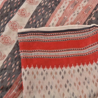 Sanskriti Vintage Sarees Ivory Hand-Block Tant Printed Pure Cotton Sari Sustainable Fabric