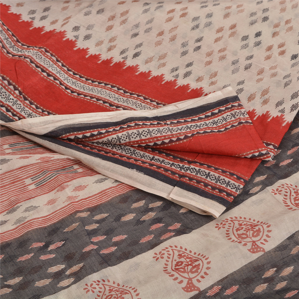 Sanskriti Vintage Sarees Ivory Hand-Block Tant Printed Pure Cotton Sari Sustainable Fabric