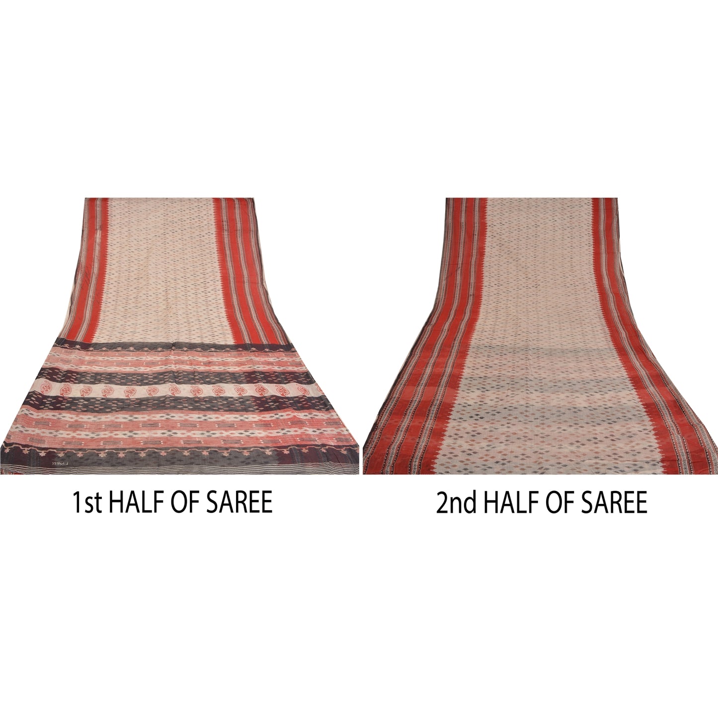 Sanskriti Vintage Sarees Ivory Hand-Block Tant Printed Pure Cotton Sari Sustainable Fabric