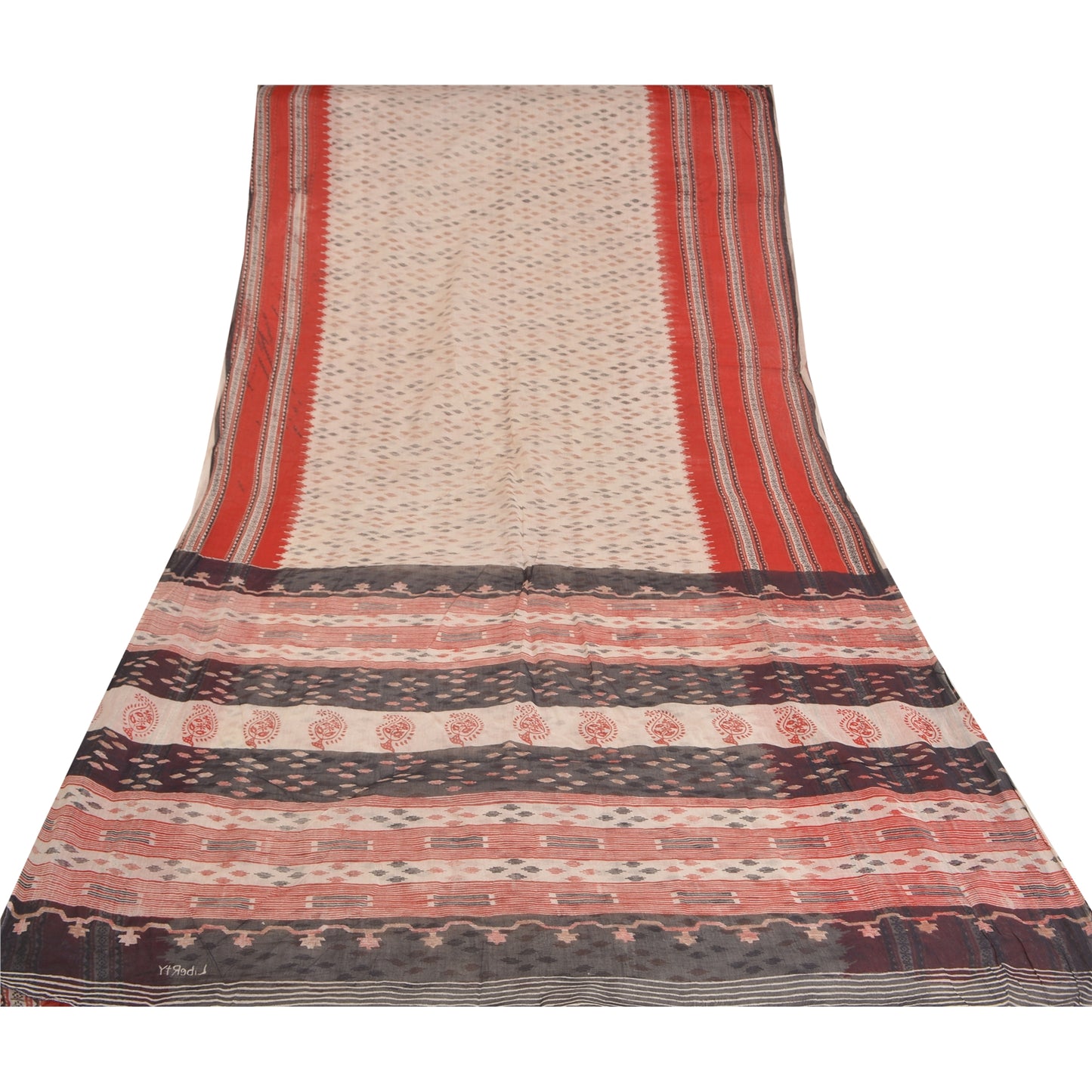 Sanskriti Vintage Sarees Ivory Hand-Block Tant Printed Pure Cotton Sari Sustainable Fabric