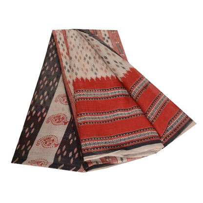 Sanskriti Vintage Sarees Ivory Hand-Block Tant Printed Pure Cotton Sari Sustainable Fabric