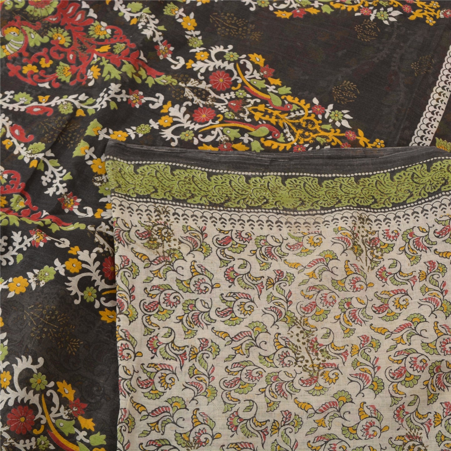 Sanskriti Vintage Sarees Hand Block Peacock Printed Pure Cotton Sari 5yd Sustainable Fabric