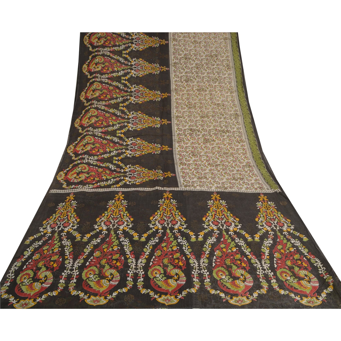 Sanskriti Vintage Sarees Hand Block Peacock Printed Pure Cotton Sari 5yd Sustainable Fabric