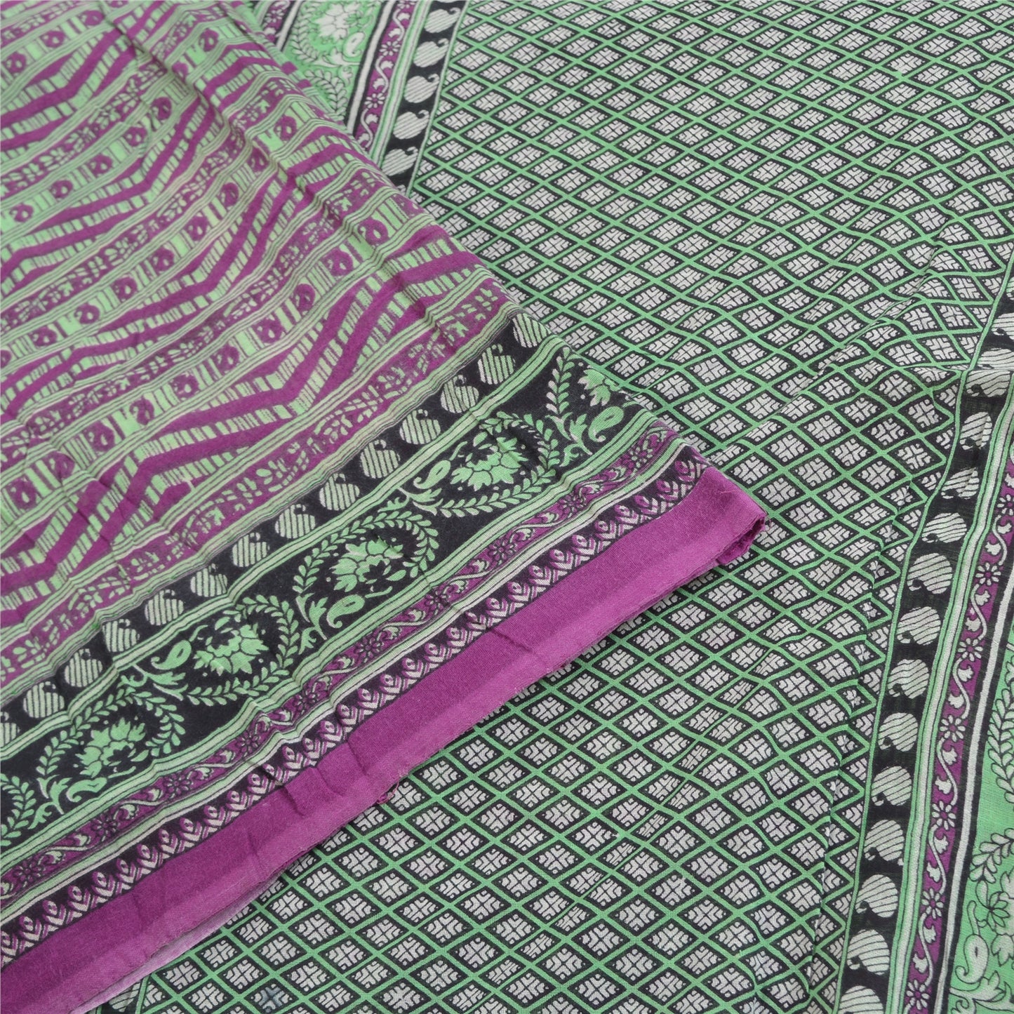 Sanskriti Vintage Sarees Purple & Green Pure Cotton Printed Sari Craft Sustainable Fabric