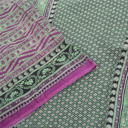 Sanskriti Vintage Sarees Purple & Green Pure Cotton Printed Sari Craft Sustainable Fabric