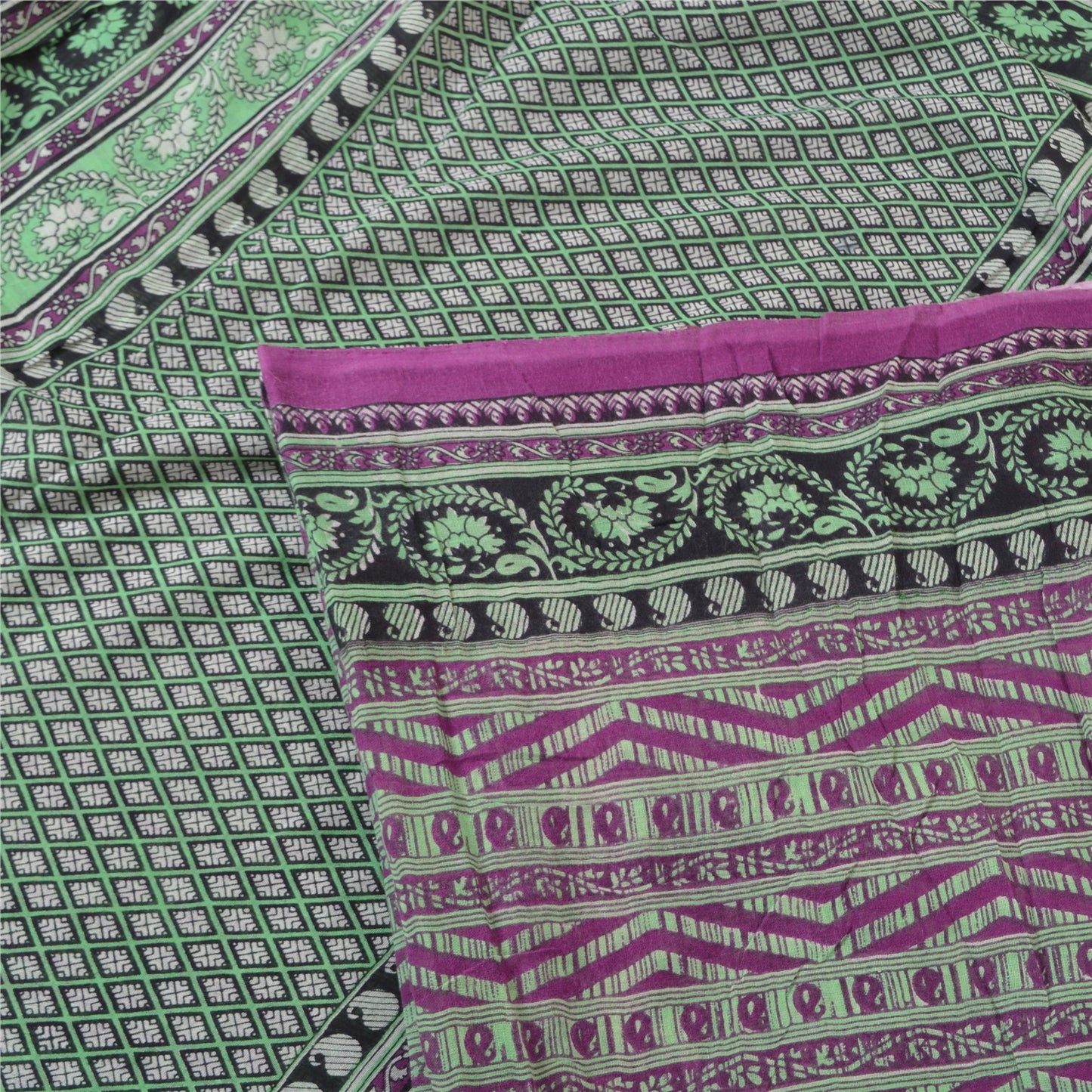 Sanskriti Vintage Sarees Purple & Green Pure Cotton Printed Sari Craft Sustainable Fabric