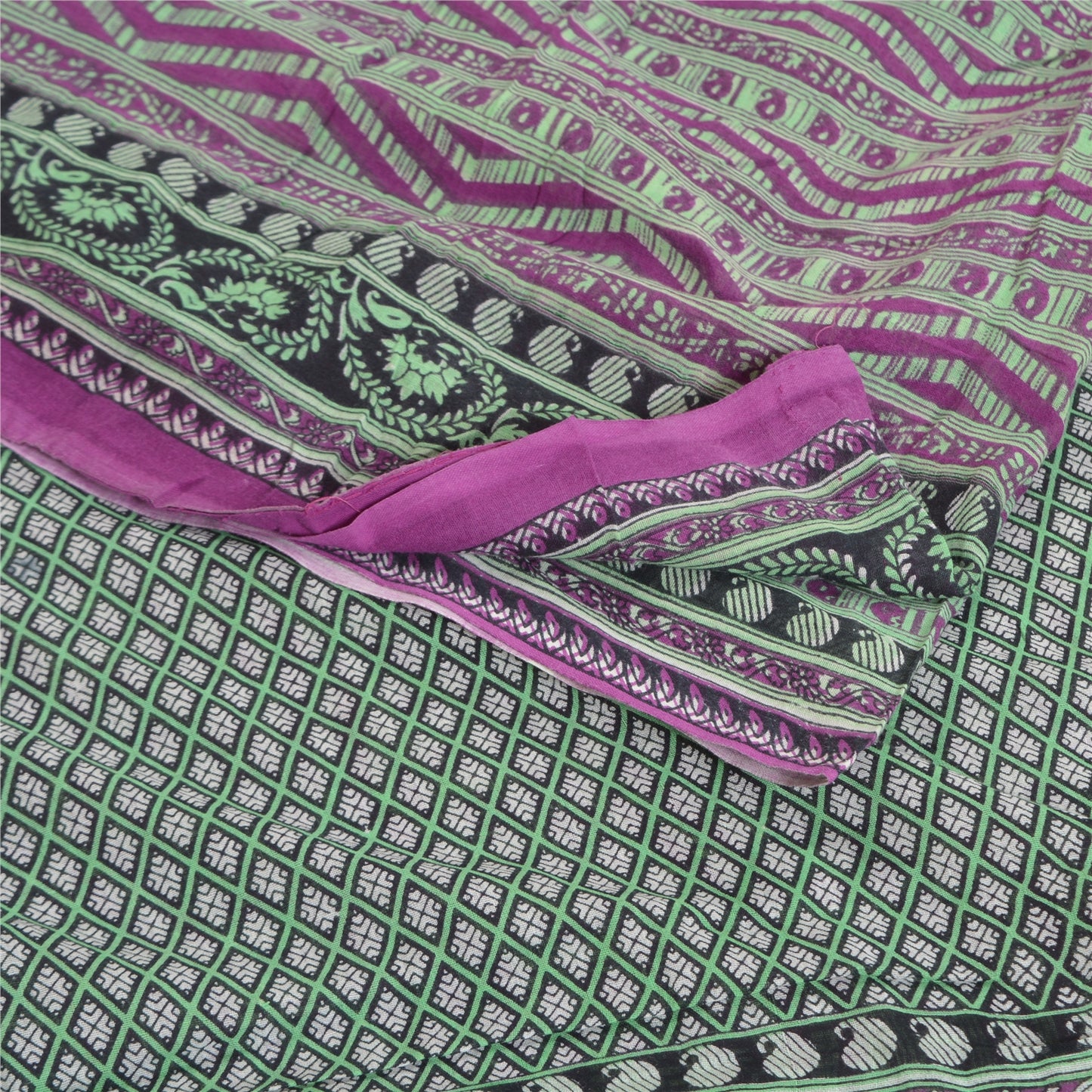 Sanskriti Vintage Sarees Purple & Green Pure Cotton Printed Sari Craft Sustainable Fabric