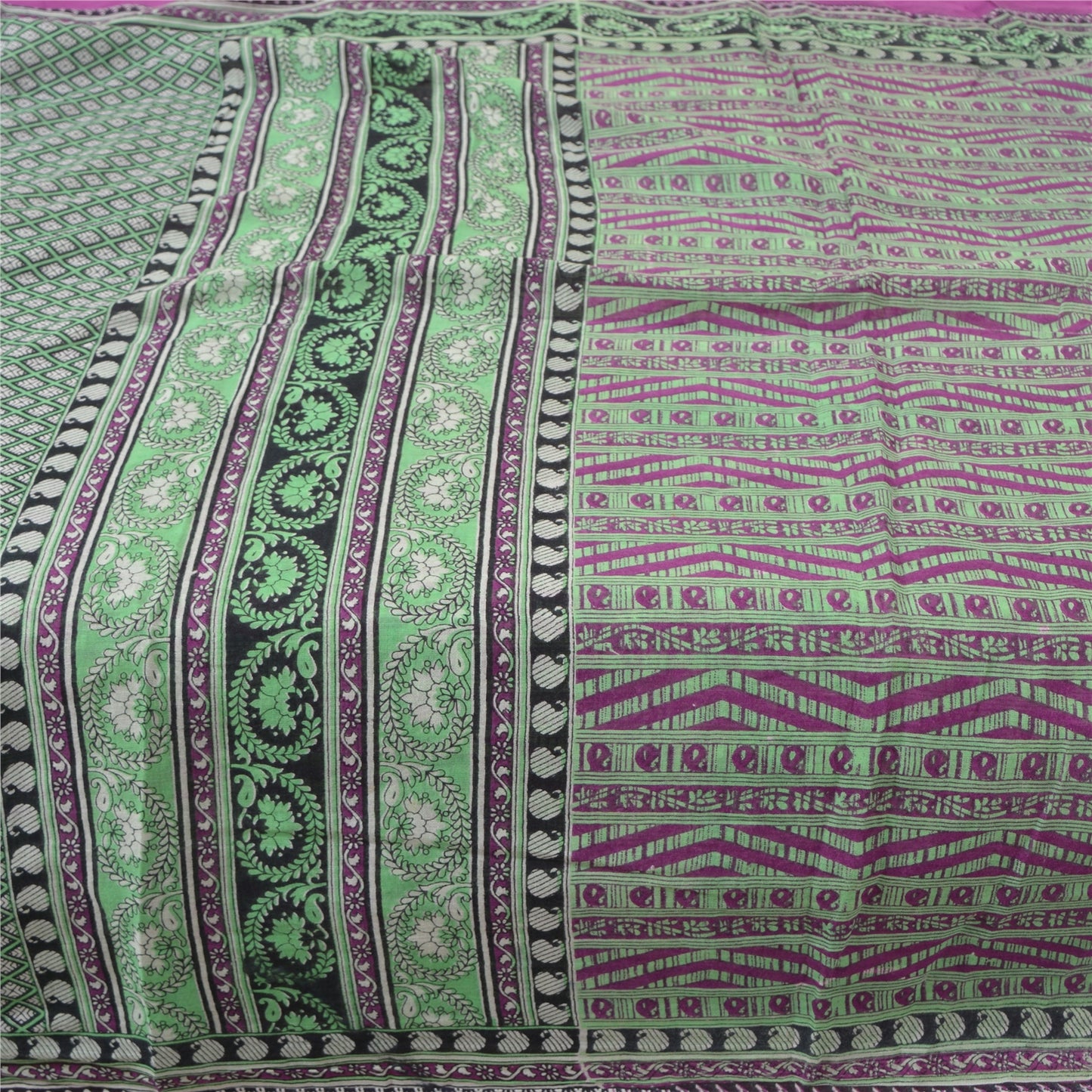 Sanskriti Vintage Sarees Purple & Green Pure Cotton Printed Sari Craft Sustainable Fabric