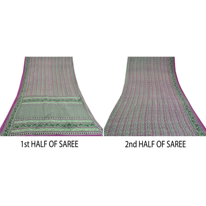 Sanskriti Vintage Sarees Purple & Green Pure Cotton Printed Sari Craft Sustainable Fabric