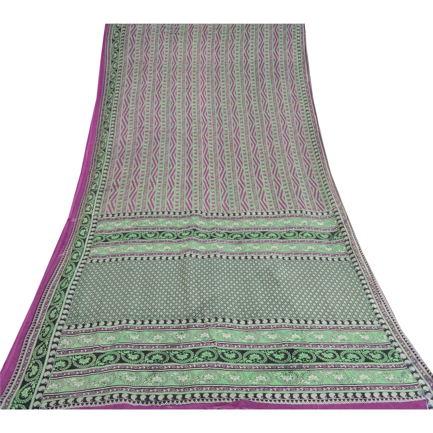 Sanskriti Vintage Sarees Purple & Green Pure Cotton Printed Sari Craft Sustainable Fabric