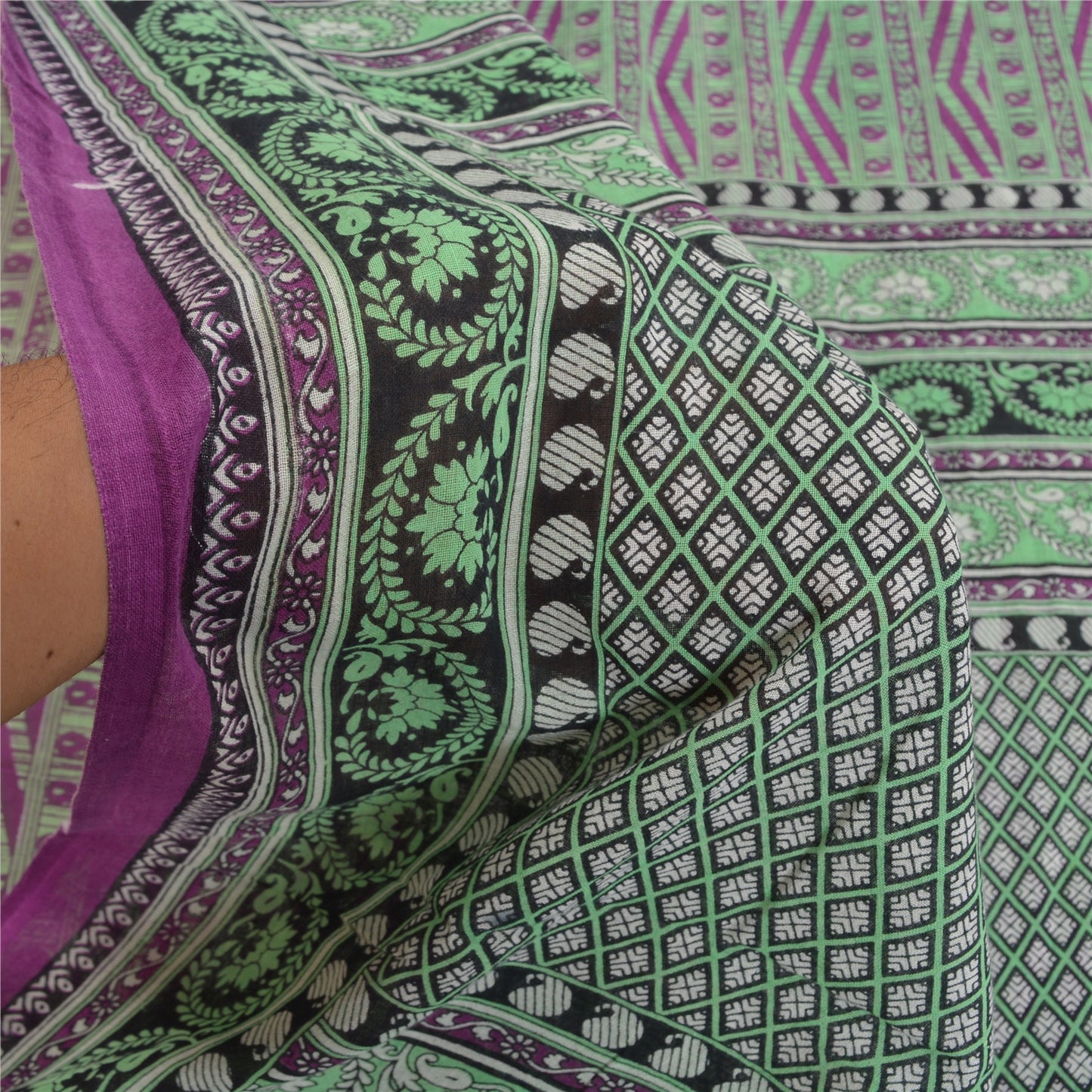 Sanskriti Vintage Sarees Purple & Green Pure Cotton Printed Sari Craft Sustainable Fabric
