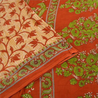 Sanskriti Vintage Sarees Cream & Red Printed Pure Cotton Sari Soft Craft Sustainable Fabric