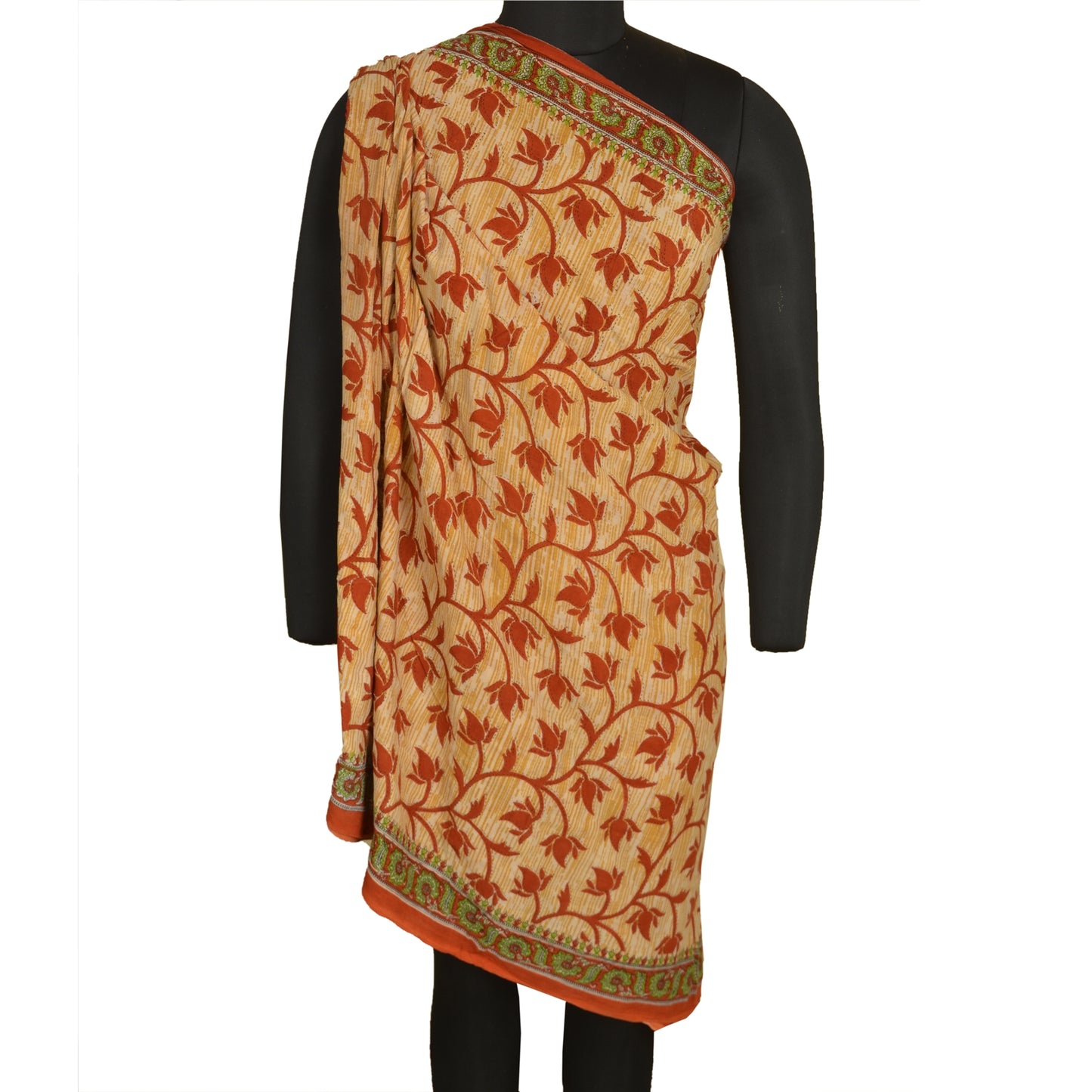 Sanskriti Vintage Sarees Cream & Red Printed Pure Cotton Sari Soft Craft Sustainable Fabric