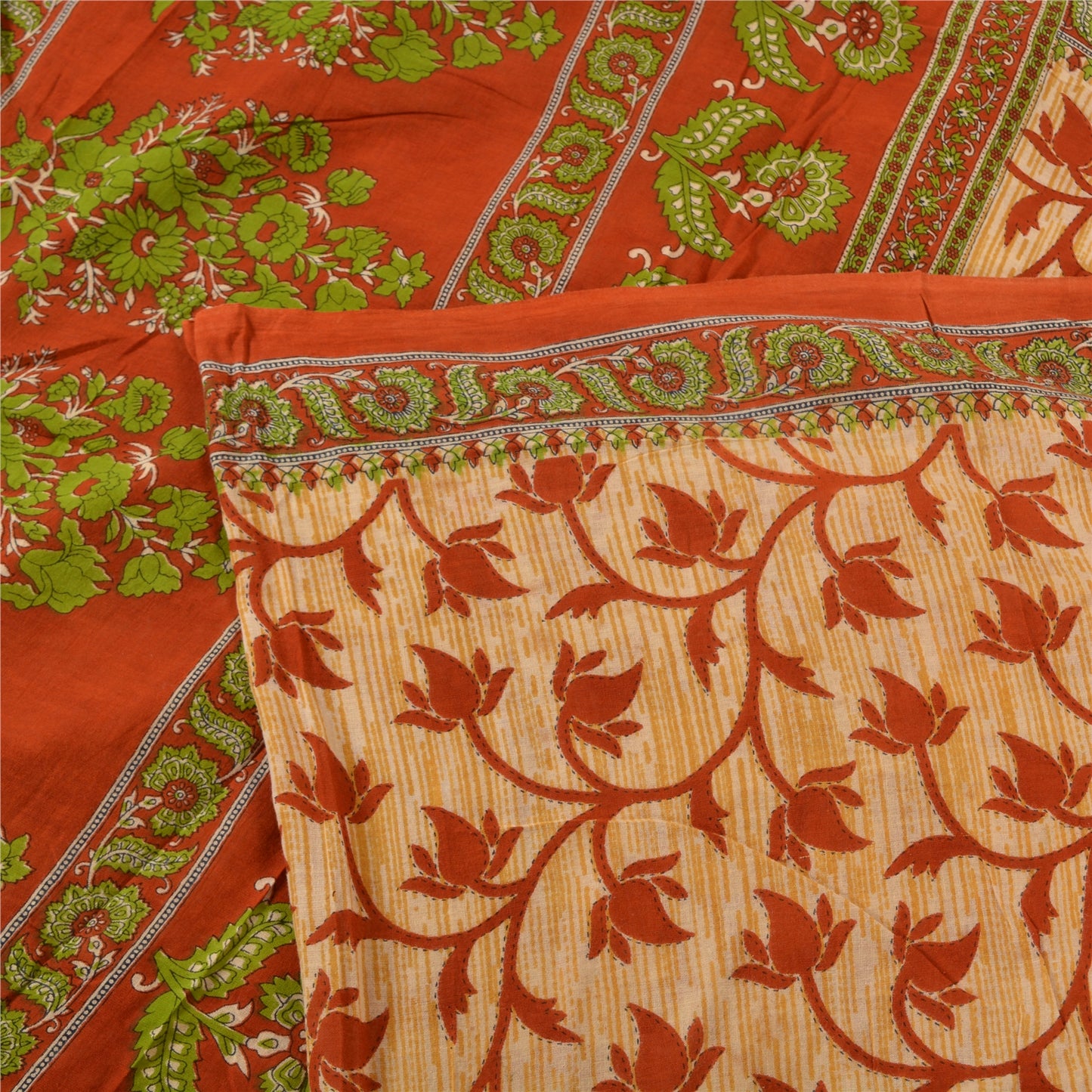 Sanskriti Vintage Sarees Cream & Red Printed Pure Cotton Sari Soft Craft Sustainable Fabric
