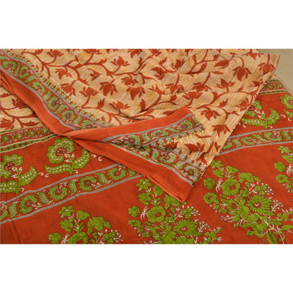 Sanskriti Vintage Sarees Cream & Red Printed Pure Cotton Sari Soft Craft Sustainable Fabric