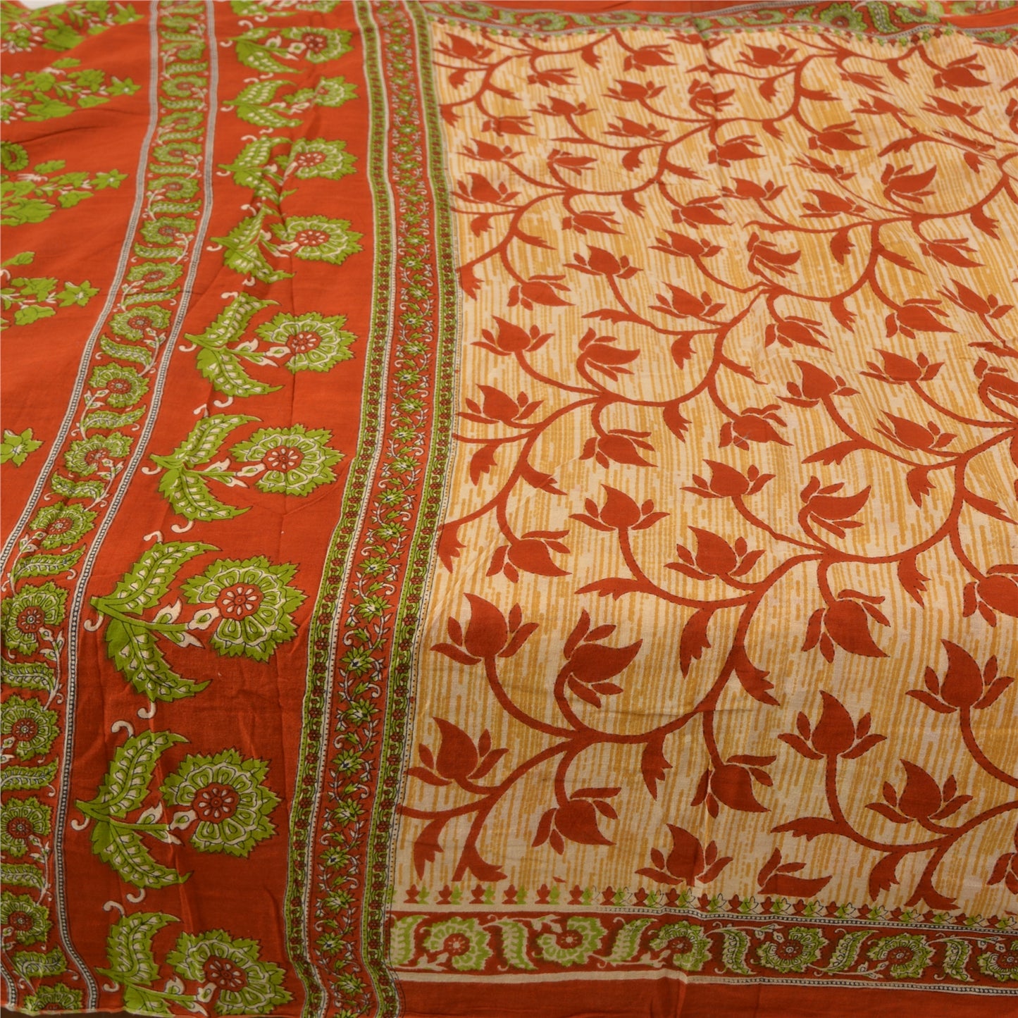 Sanskriti Vintage Sarees Cream & Red Printed Pure Cotton Sari Soft Craft Sustainable Fabric