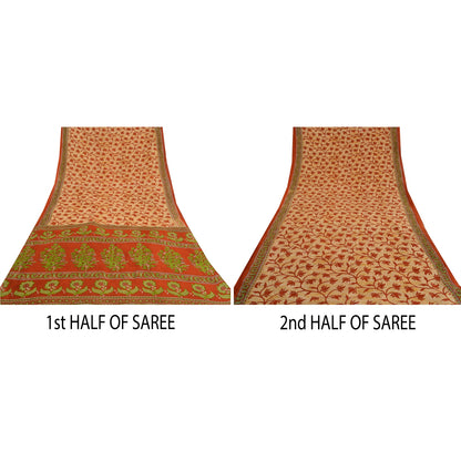 Sanskriti Vintage Sarees Cream & Red Printed Pure Cotton Sari Soft Craft Sustainable Fabric