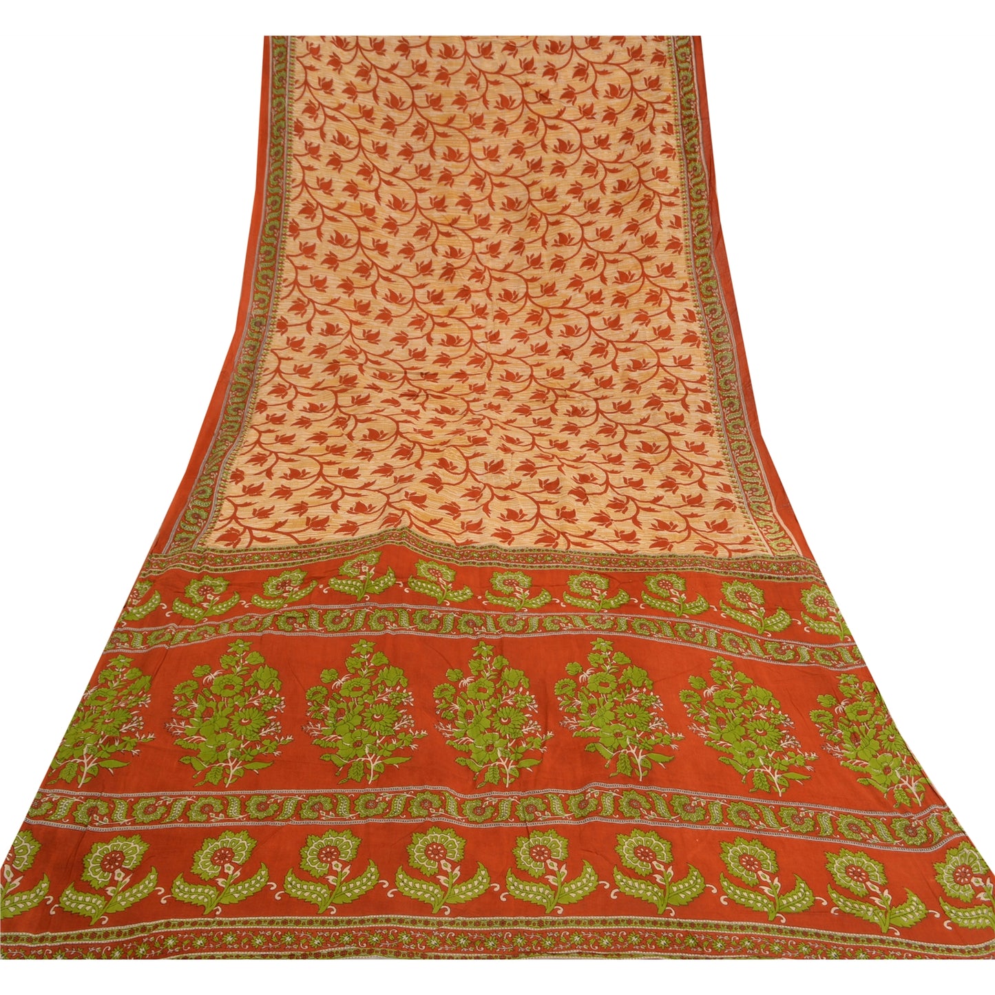 Sanskriti Vintage Sarees Cream & Red Printed Pure Cotton Sari Soft Craft Sustainable Fabric