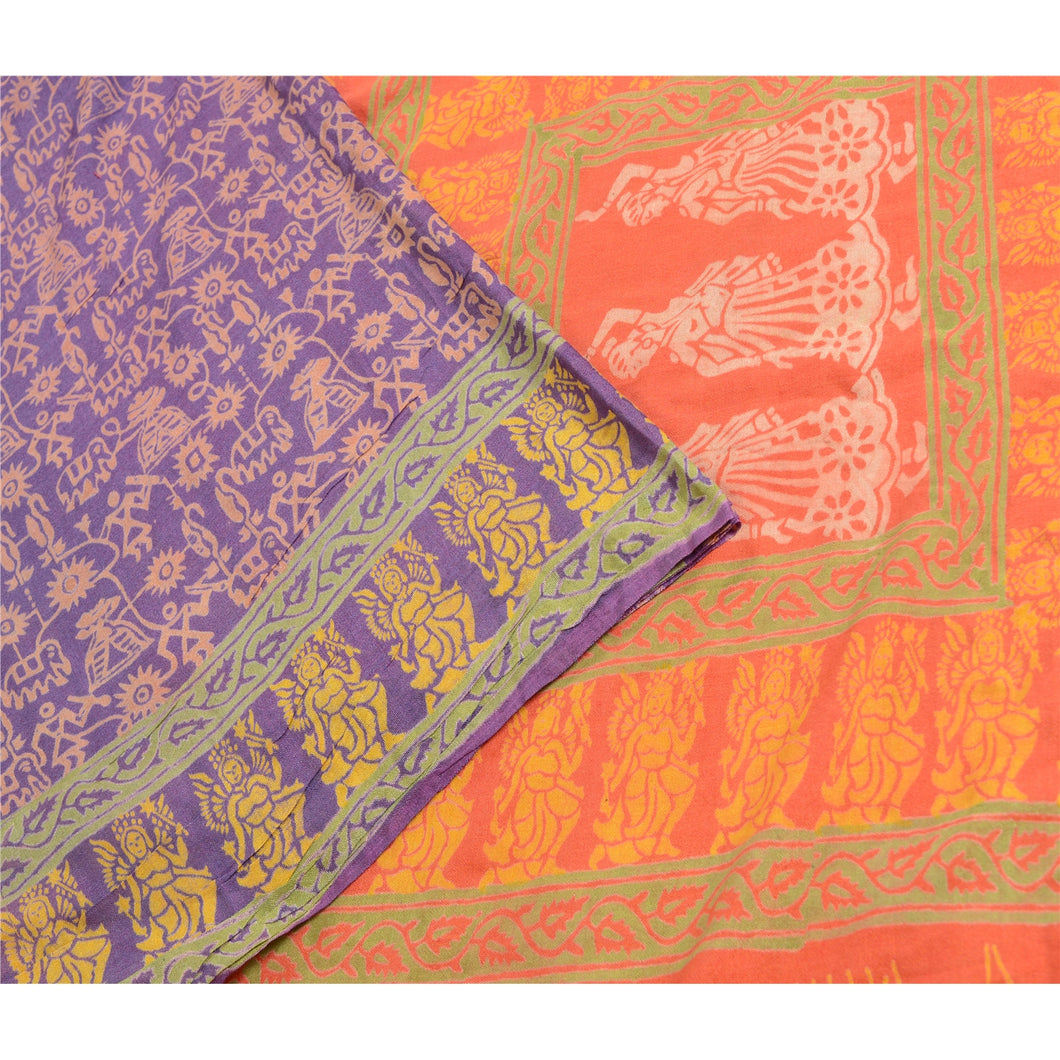 Sanskriti Vintage Sarees Purple/Orange Hand Block Print Blend Silk Sari Fabric