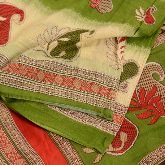 Sanskriti Vintage Saree Green & Cream 100% Pure Cotton 5 Yard Saree Print Sari Craft Fabric Create Dresses, Kaftan, Skirt, Tops, Projects