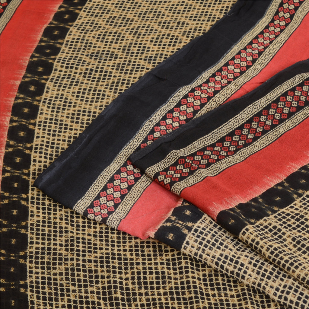 Sanskriti Vintage Sarees Black Sambhalpuri Ikat Printed Pure Cotton Sari Sustainable Fabric