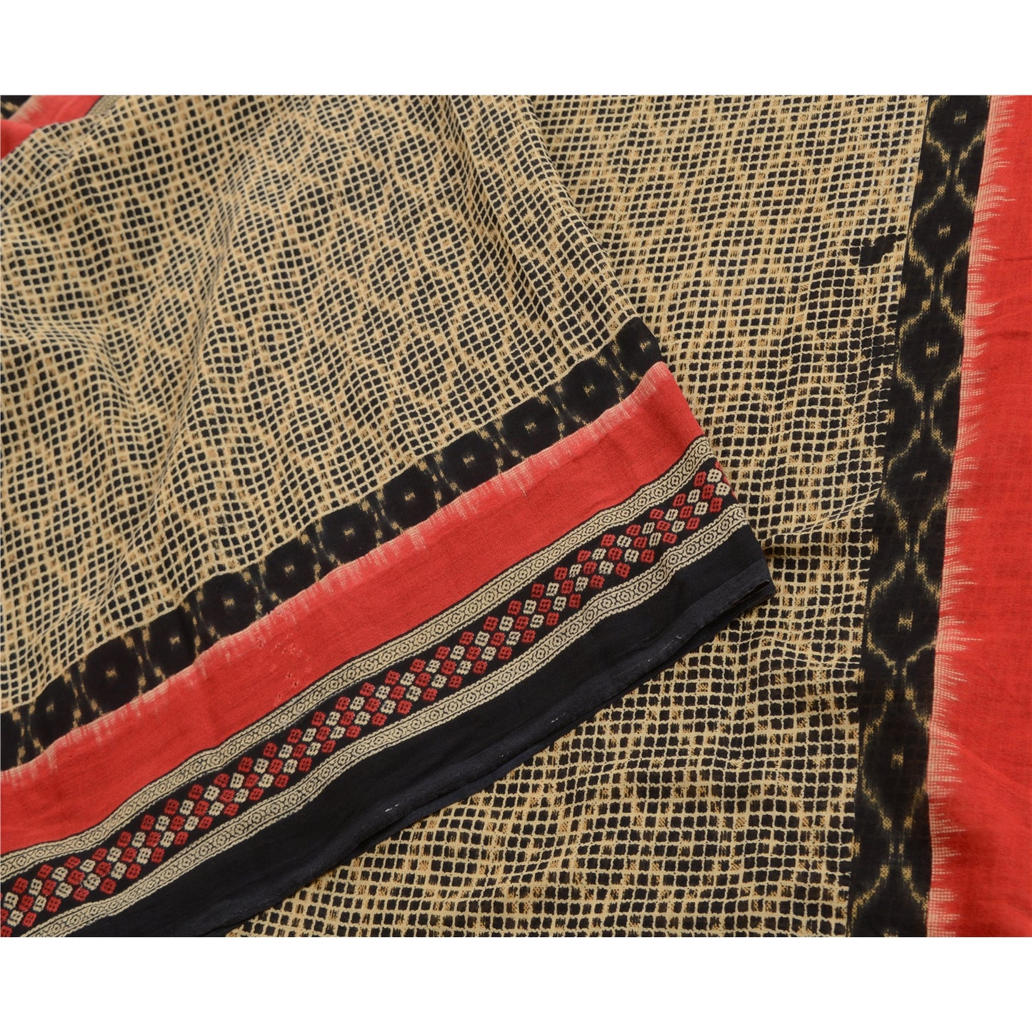 Sanskriti Vintage Sarees Black Sambhalpuri Ikat Printed Pure Cotton Sari Sustainable Fabric