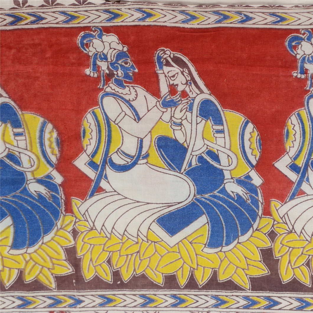 Sanskriti Vintage Ivory Sarees Pure Cotton Handmade Kalamkari Sari Craft Fabric