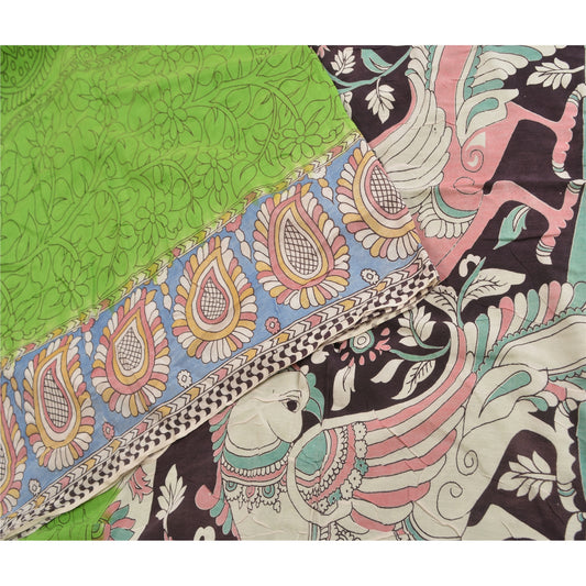 Sanskriti Vintage Saree Green 100% Pure Cotton Peacock Printed 5 YARD Saree Handmade Kalamkari Sari Traditional Craft Fabric Supplies
