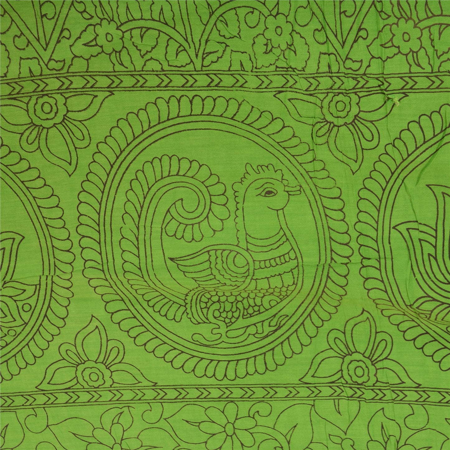 Sanskriti Vintage Sarees Green Handmade Kalamkari Pure Cotton Sari Craft Sustainable Fabric