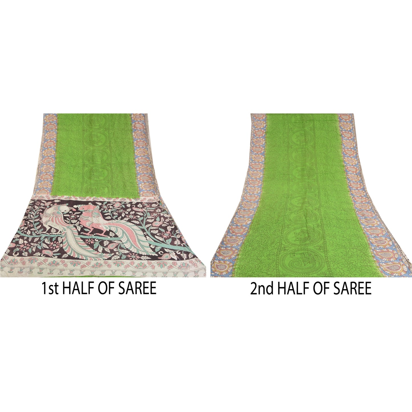 Sanskriti Vintage Sarees Green Handmade Kalamkari Pure Cotton Sari Craft Sustainable Fabric