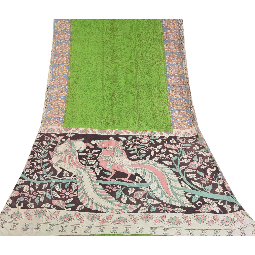 Sanskriti Vintage Sarees Green Handmade Kalamkari Pure Cotton Sari Craft Fabric