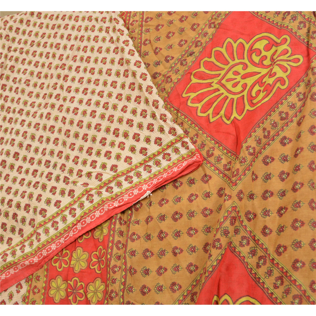 Sanskriti Vintage Sarees From India Ivory Pure Cotton Printed Sari Craft Fabric