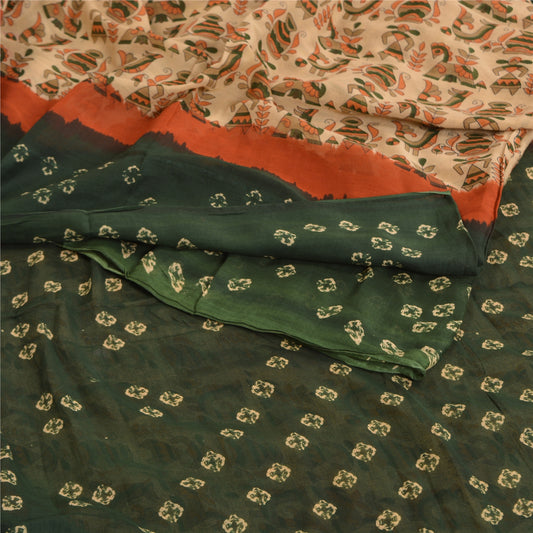 Sanskriti Vintage Sarees Green/Cream Pure Cotton Bandhani Printed Sari Sustainable Fabric