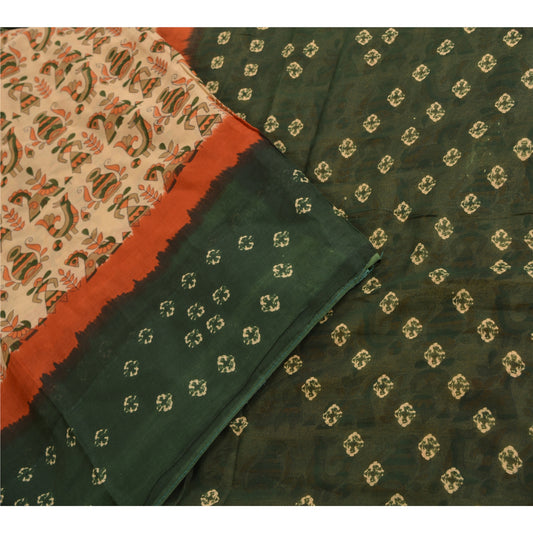 Sanskriti Vintage Sarees Green/Cream Pure Cotton Bandhani Printed Sari Sustainable Fabric