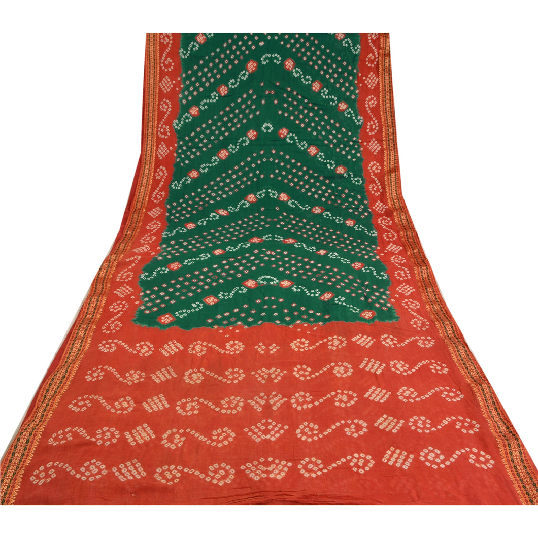 Sanskriti Vintage Sarees Green/Orange Bandhani Printed Pure Cotton Sari Fabric
